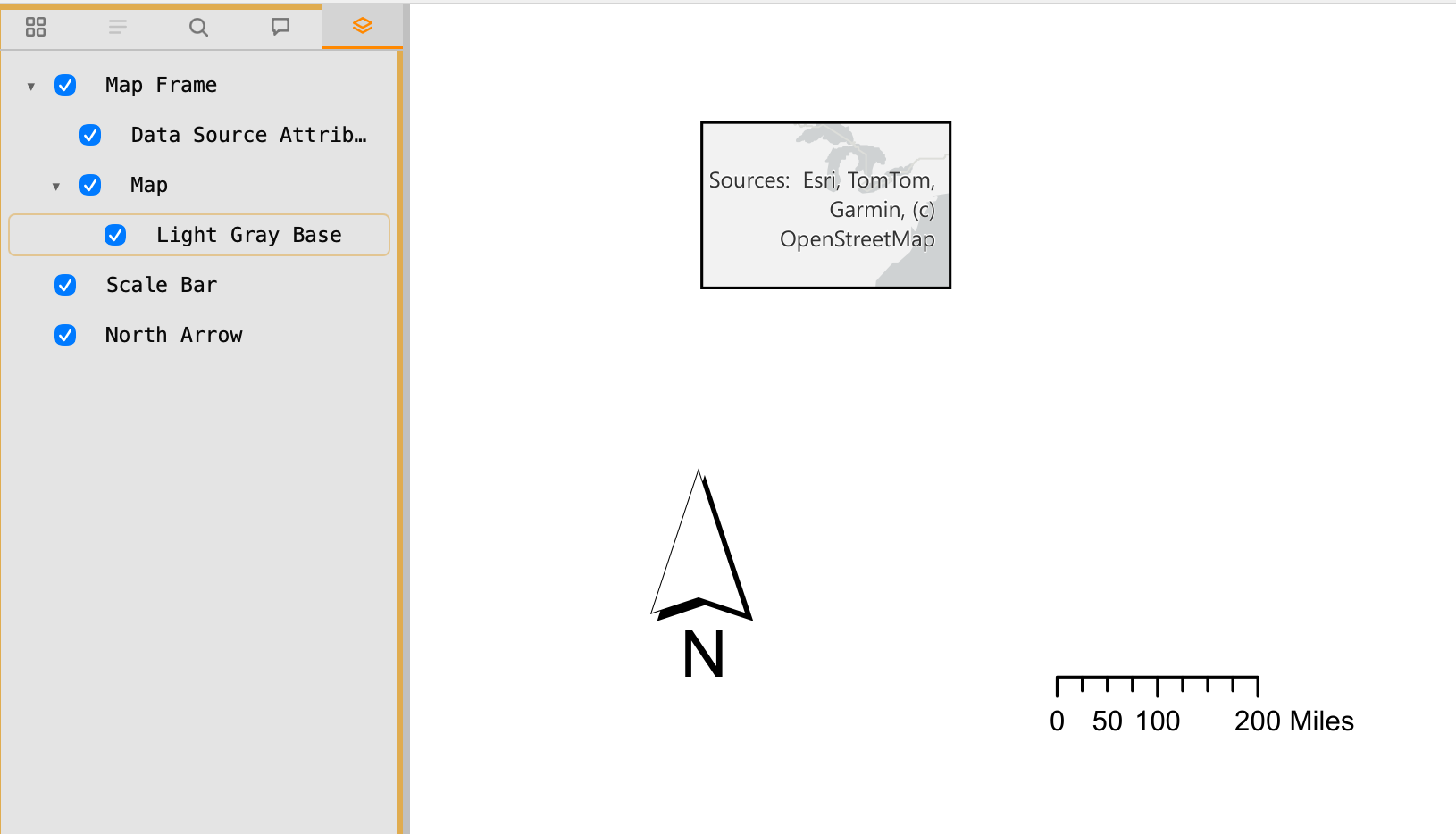 중첩 트리를 보여주는 레이어 패널 — Map Frame 안에 Data Source Attribution과 Map이 있고, Map 안에 Light Gray Base가, 최상위에 Scale Bar와 North Arrow가 있음